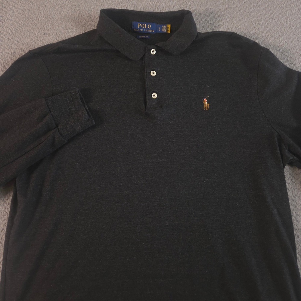 Polo Ralph Lauren Polo Shirt Mens L Black Classic Fit Cotton Long Sleeve Logo